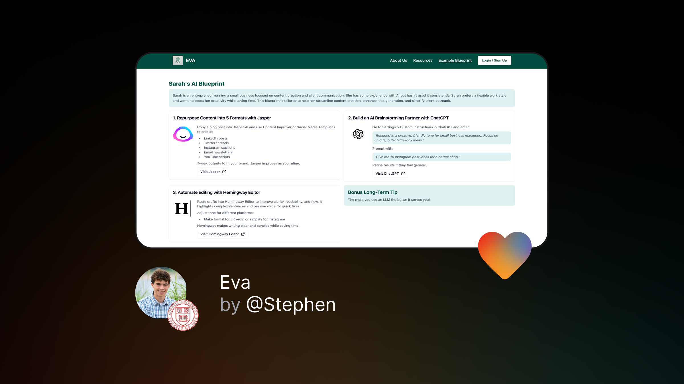 Official Lovable case-study graphic featuring Cornell student Stephen and the EVA project