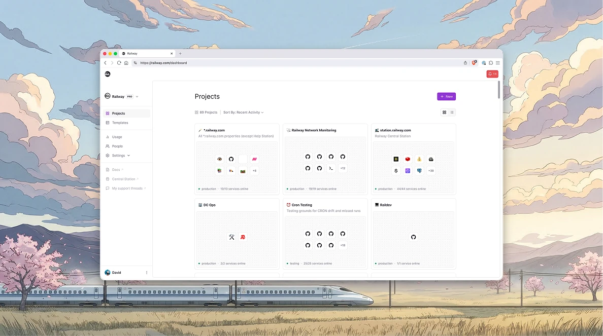 Railway dashboard showing projects, environments and running services