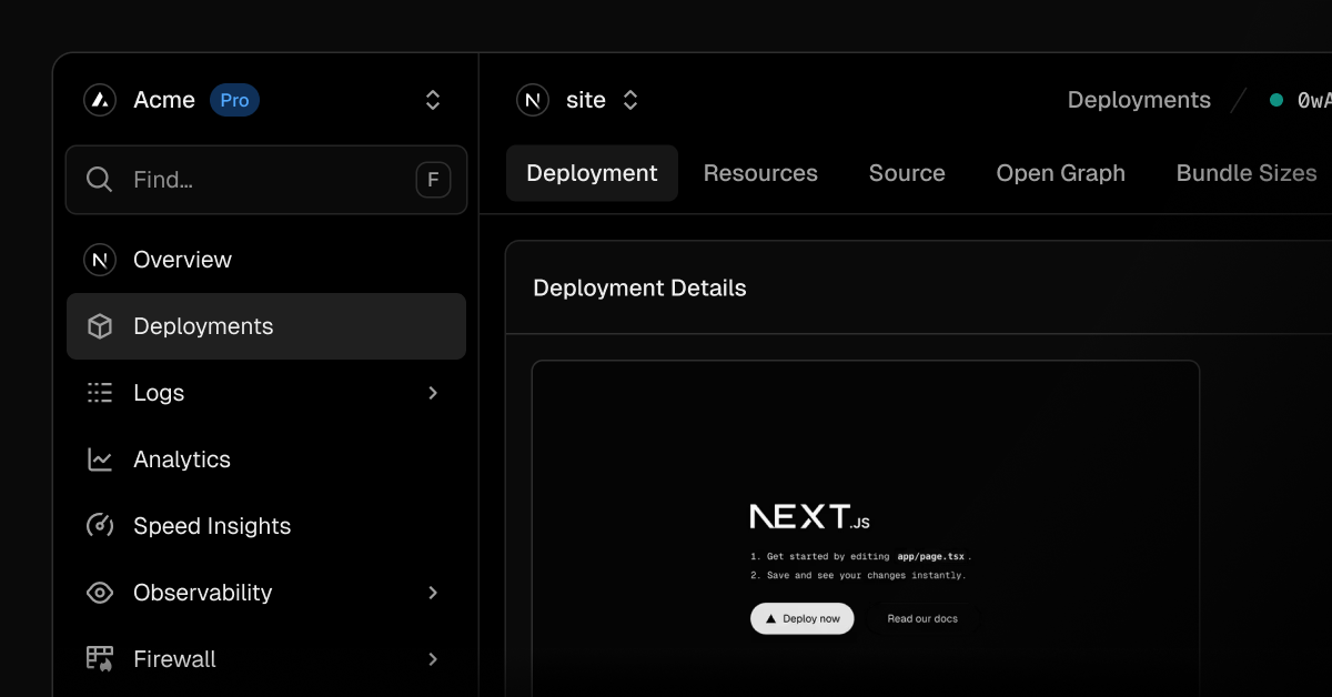 Dark Vercel dashboard showing deployments, logs, analytics and project navigation