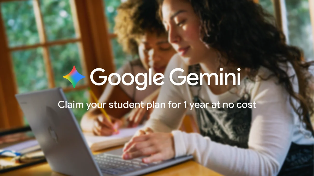 Official Google Gemini 2026 student announcement image showing students studying together with a laptop
