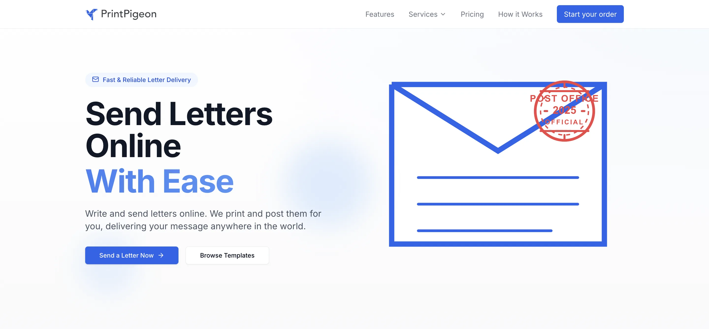 Official Lovable case-study image showing the PrintPigeon online letter-delivery product experience