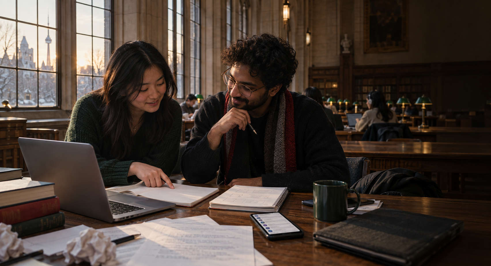 A student and recent alum compare notes in a grand university library with the Toronto skyline beyond the windows