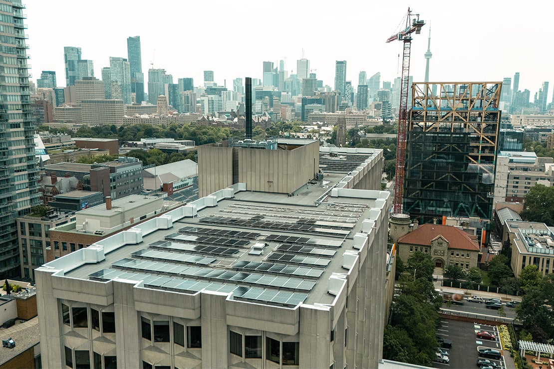 Aerial view of the solar panels at OISE.