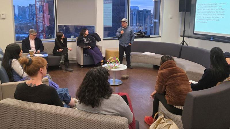 Ortega speaks to guests at the OISE book launch.