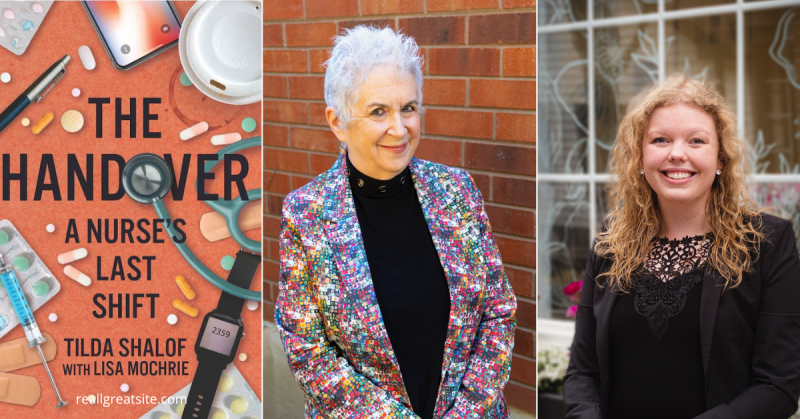 Tilda Shalof and Lisa Mochrie appear beside the cover of The Handover.