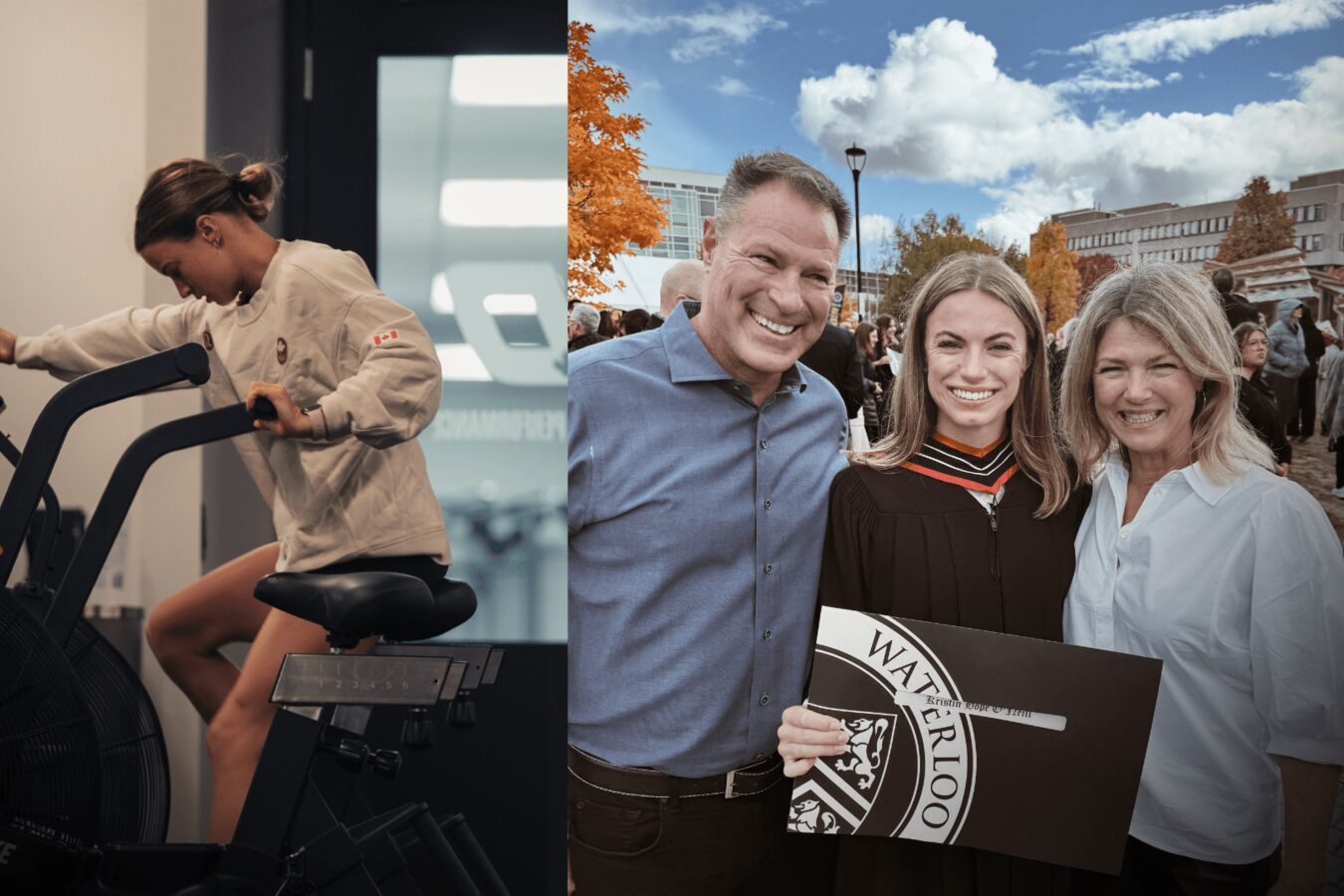 Kristin O’Neill in training and with her parents at convocation.